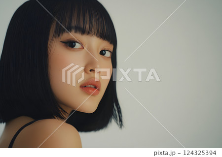 若いアジア人女性の魅力的な横顔ポートレート。シンプルな背景で美しさを際立たせる 若いアジア人女性の魅力的な横顔ポートレート。シンプルな背景で美しさを際立たせる 124325394