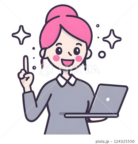 笑顔の女性イラスト。説明や提案をするビジネスシーン向けのデザイン 124325550