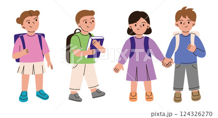 Set of cute flat cartoon characters, school children with backpacks and books, boys and girls walking to school. Vector illustration on education, childhood, learning, back to school collection 124326270