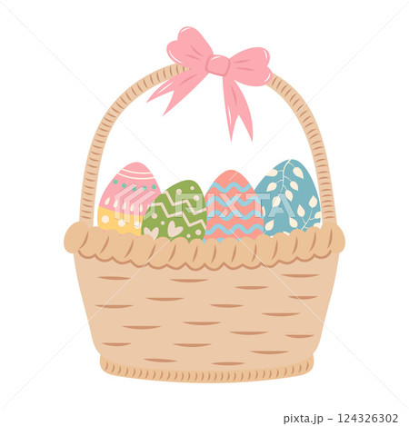 Cute basket with Easter eggs and bow isolated on white background. Cute basket with Easter eggs and bow isolated on white background. 124326302