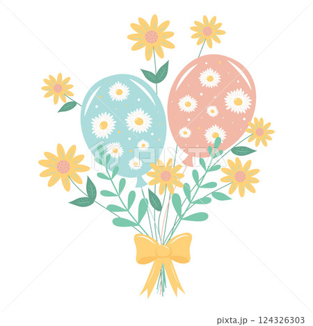 Bouquet of balloons, daisies and twigs with a bow isolated on white background. Bouquet of balloons, daisies and twigs with a bow isolated on white background. 124326303