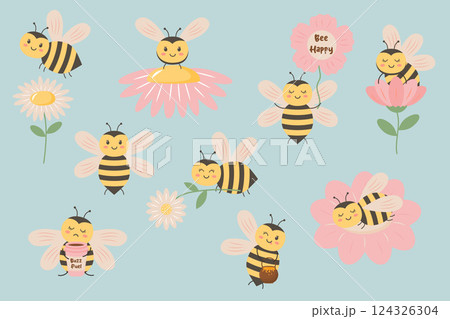 Set of cute bee in different poses. Collection of cartoon bees and chamomiles, flowers and other elements. Set of cute bee in different poses. Collection of cartoon bees and chamomiles, flowers and other elements. 124326304