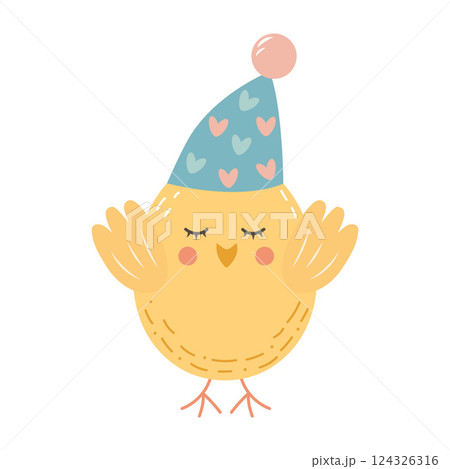 Cute chick in hat isolated on white background. Cute chick in hat isolated on white background. 124326316