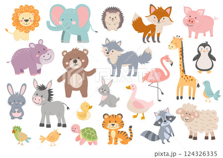 Set of cute animals. Forest, farm and tropical animals in cartoon style. Ideal kids design, for fabric, wrapping, textile, wallpaper, apparel Set of cute animals. Forest, farm and tropical animals in cartoon style. Ideal kids design, for fabric, wrapping, textile, wallpaper, apparel 124326335