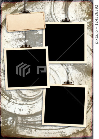 Retro Photo hanging on paper clip on paper backdrop. Nostalgic Picture album with old photoframes for cherished memories, creating a unique display. Moodboard pictures album. Vintage style mood board Retro Photo hanging on paper clip on paper backdrop. Nostalgic Picture album with old photoframes for cherished memories, creating a unique display. Moodboard pictures album. Vintage style mood board 124326392