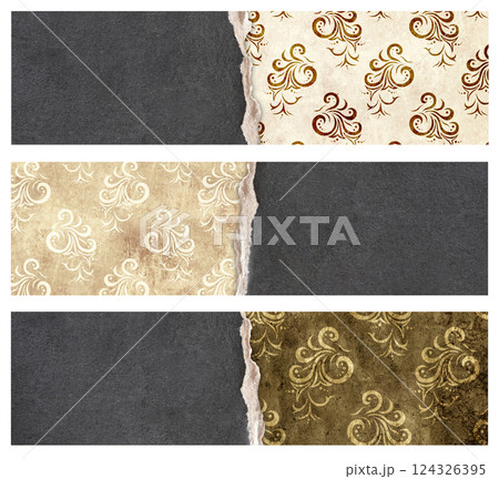 Set of eye-catching vertical or horizontal banner, background, flyer, placard with torn paper texture and floral pattern. Collection of tags, labels or posters templates with floral motifs 124326395