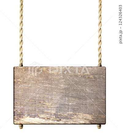 Decorative background with old board hanging on rope. Vintage wood signboard suspended on a rope. Isolated on white background. Mock up template. Copy space for text 124326403