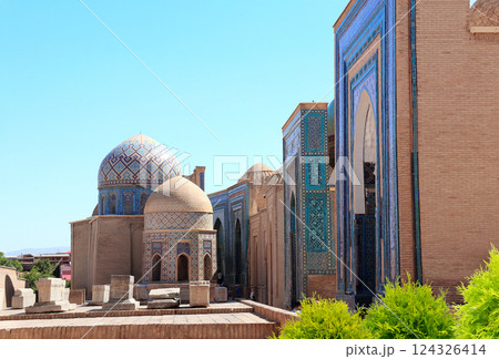 Shah-i-Zinda ensemble, Samarkand, Uzbekistan. Historical necropolis and mausoleum Shah i Zinda, memorial and religious complex, 14/15th century Shah-i-Zinda ensemble, Samarkand, Uzbekistan. Historical necropolis and mausoleum Shah i Zinda, memorial and religious complex, 14/15th century 124326414