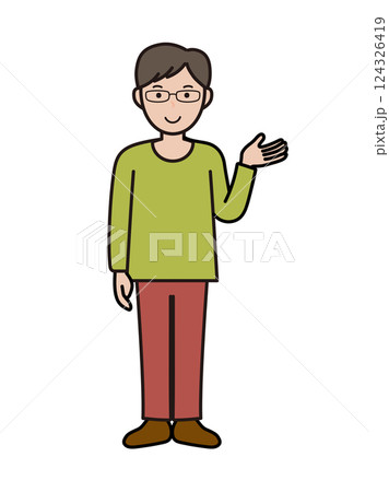 案内や説明をするイメージのインテリ風の若い男性の全身イラスト 124326419