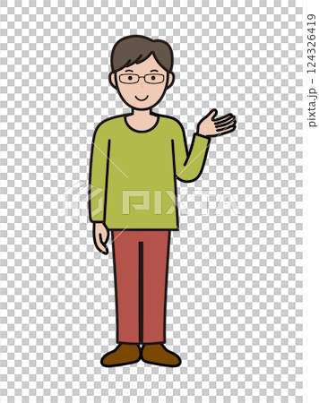 案内や説明をするイメージのインテリ風の若い男性の全身イラスト 124326419