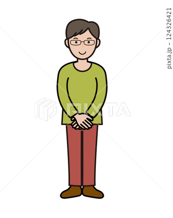 笑顔でおもてなしポーズのインテリ風の若い男性の全身イラスト 124326421