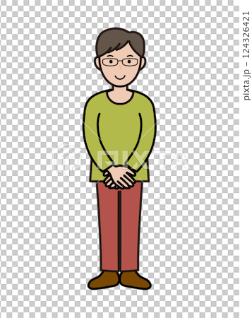 笑顔でおもてなしポーズのインテリ風の若い男性の全身イラスト 124326421