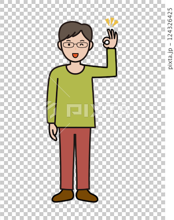 了解のOKサインを出すインテリ風の若い男性の全身イラスト 124326425