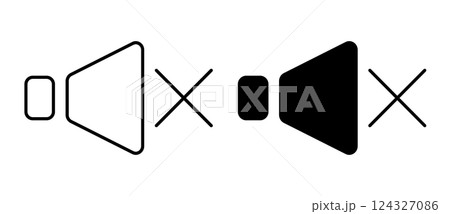Linear icon. Musical speakers with crossed out disabled symbol. Volume noise level control. Simple black and white vector isolated on white background 124327086