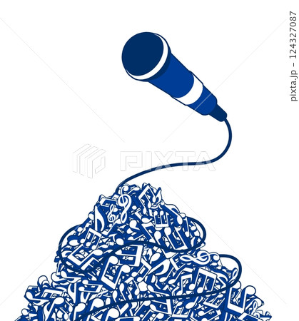 Microphone singer performer on top of mountain made of notes and musical symbols piled up in big heap of cacophony. Musical notes big pile. Vector banner for advertising of Karaoke party, concept Microphone singer performer on top of mountain made of notes and musical symbols piled up in big heap of cacophony. Musical notes big pile. Vector banner for advertising of Karaoke party, concept 124327087