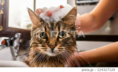 シャンプーされる猫（AI生成画像） 124327120
