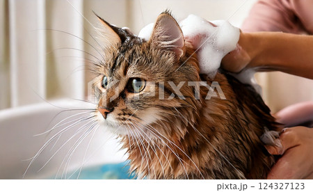 シャンプーされる猫（AI生成画像） 124327123