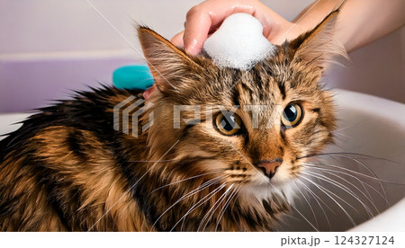 シャンプーされる猫(AI生成画像) シャンプーされる猫(AI生成画像) 124327124