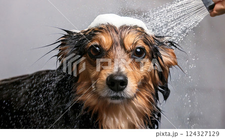 シャンプーされる犬（AI生成画像） 124327129