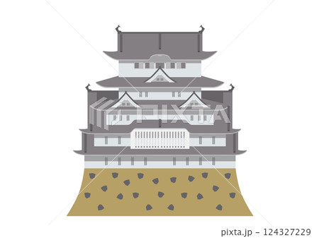 日本の人気観光地　世界遺産、姫路城　白鷺城フラットデザインのイラスト　白背景 124327229