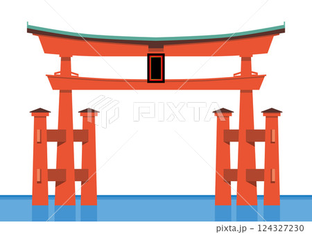 日本の人気観光地　世界文化遺産　厳島神社の大鳥居　フラットデザインのイラスト　白背景 124327230