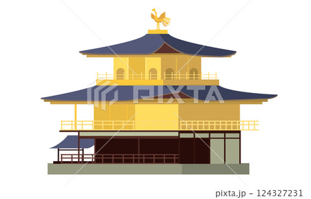 日本の人気観光地　世界文化遺産　京都鹿苑寺　金閣寺　フラットデザインのイラスト　白背景 124327231