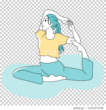 Woman doing yoga pigeon pose Woman doing yoga pigeon pose 124327249