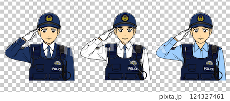 三名身穿防刺背心、頭戴軍帽的男警敬禮 124327461