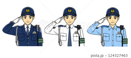 敬礼する活動帽の男性警察官3種セット 124327463