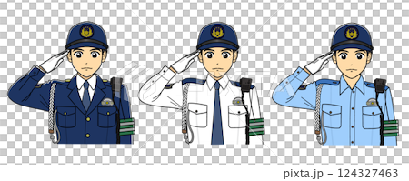 敬礼する活動帽の男性警察官3種セット 124327463