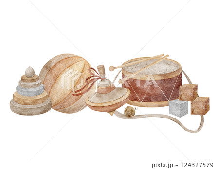 Watercolor composition vintage toys drum, pyramid, cubes, top, ball. Children's illustration hand drawn in retro style on isolated background for design of postcards, invitations, holiday, birthday 124327579