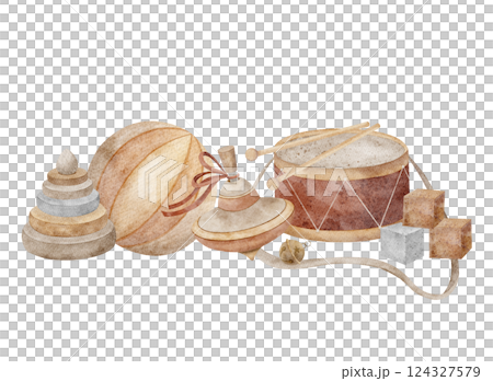 Watercolor composition vintage toys drum, pyramid, cubes, top, ball. Children's illustration hand drawn in retro style on isolated background for design of postcards, invitations, holiday, birthday 124327579