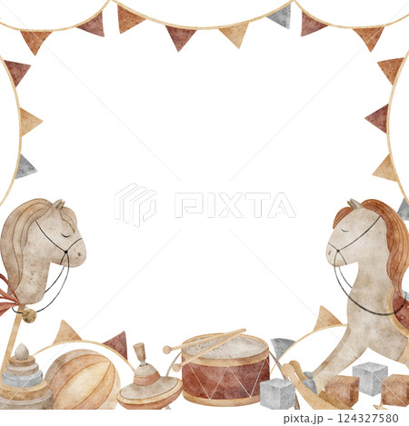 Watercolor frame vintage children's toys. Illustration horse swing, drum, spinning top, cubes, garland of flags in retro style. Square template copy space for invitations, greetings, cards, design 124327580