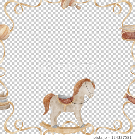 Watercolor children's frame of ribbon, vintage toys. Illustration horse swing, drum, pyramid, top, candy in cartoon style. Square template copy space for design children's parties, invitations, cards 124327581