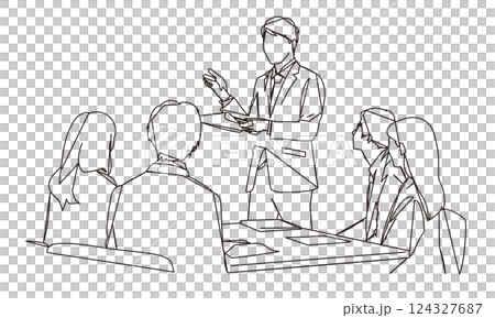 Line drawing illustration of a business meeting scene 124327687
