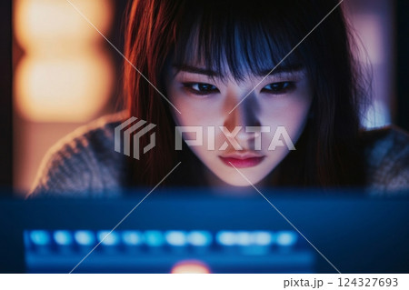 コンピュータの画面に集中する20代から30代の日本人女性の上半身 124327693