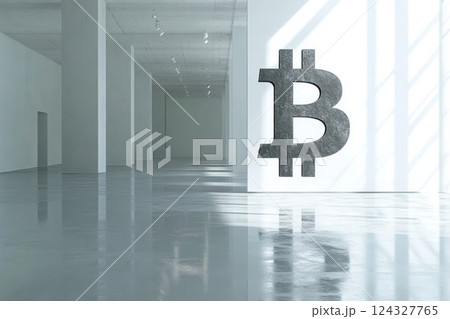 広々としたギャラリーにビットコインのロゴが描かれた静かな空間 124327765