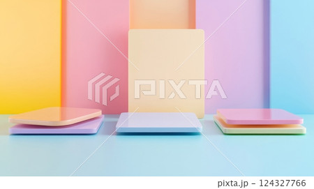 色とりどりのパステルカラーの背景とプレートのディスプレイ 124327766