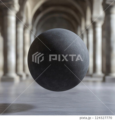 黒い球体が浮かぶ古代のアーケードの中に佇む静寂な空間 黒い球体が浮かぶ古代のアーケードの中に佇む静寂な空間 124327770