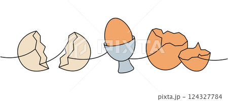 Chicken eggs one line colored continuous drawing. Boiled eggs, broken eggshell, omelette, protein and yolk. Vector illustration Chicken eggs one line colored continuous drawing. Boiled eggs, broken eggshell, omelette, protein and yolk. Vector illustration 124327784