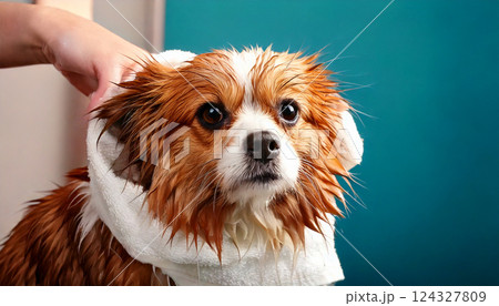 シャンプーされる犬（AI生成画像） 124327809