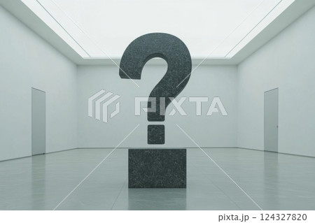 不明な質問マークの大理石彫刻が展示された現代アートの静かな空間 不明な質問マークの大理石彫刻が展示された現代アートの静かな空間 124327820