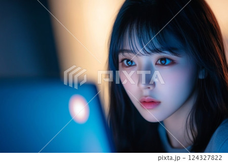 女性がパソコンに集中している様子、青い光に照らされた部屋の中での静かな時間 124327822
