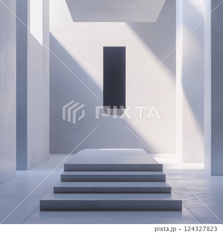 白い空間に浮かぶ黒い立方体が印象的な現代アートの空間デザイン 124327823