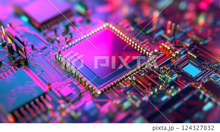 色鮮やかな回路基板の詳細が映し出された電子部品のクローズアップ 124327832