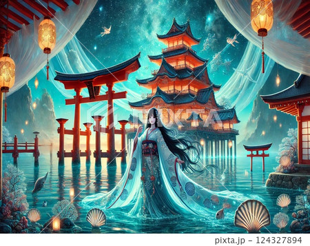 厳島神社と竜宮城と乙姫をイメージしたイラスト 124327894