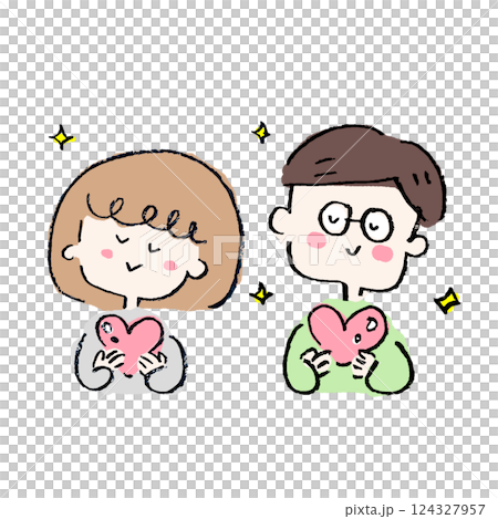 Smiling men and women holding hearts 124327957