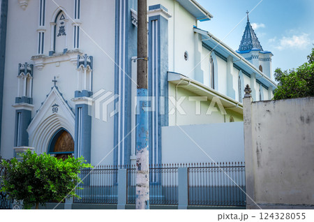 Church architectural details. gothic church door details, facade of a medieval church 124328055