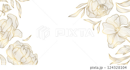 Vector golden floral line frame, luxury leaves plant border. Wedding elegant card, nature royal garden drawing. Vintage blossom decor. 124328104