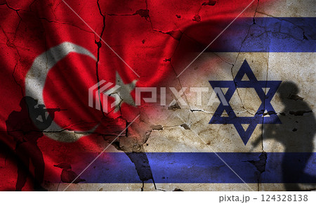 Turkey vs Israel flag on cracked wall. Political tension between Turkey and Israel 124328138
